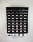 Super Matte Black Modular Hair Color Organizer with powder coated aluminum shelves and Developer Rack by Dyerector organizing Redken Shades EQ hair color and developer