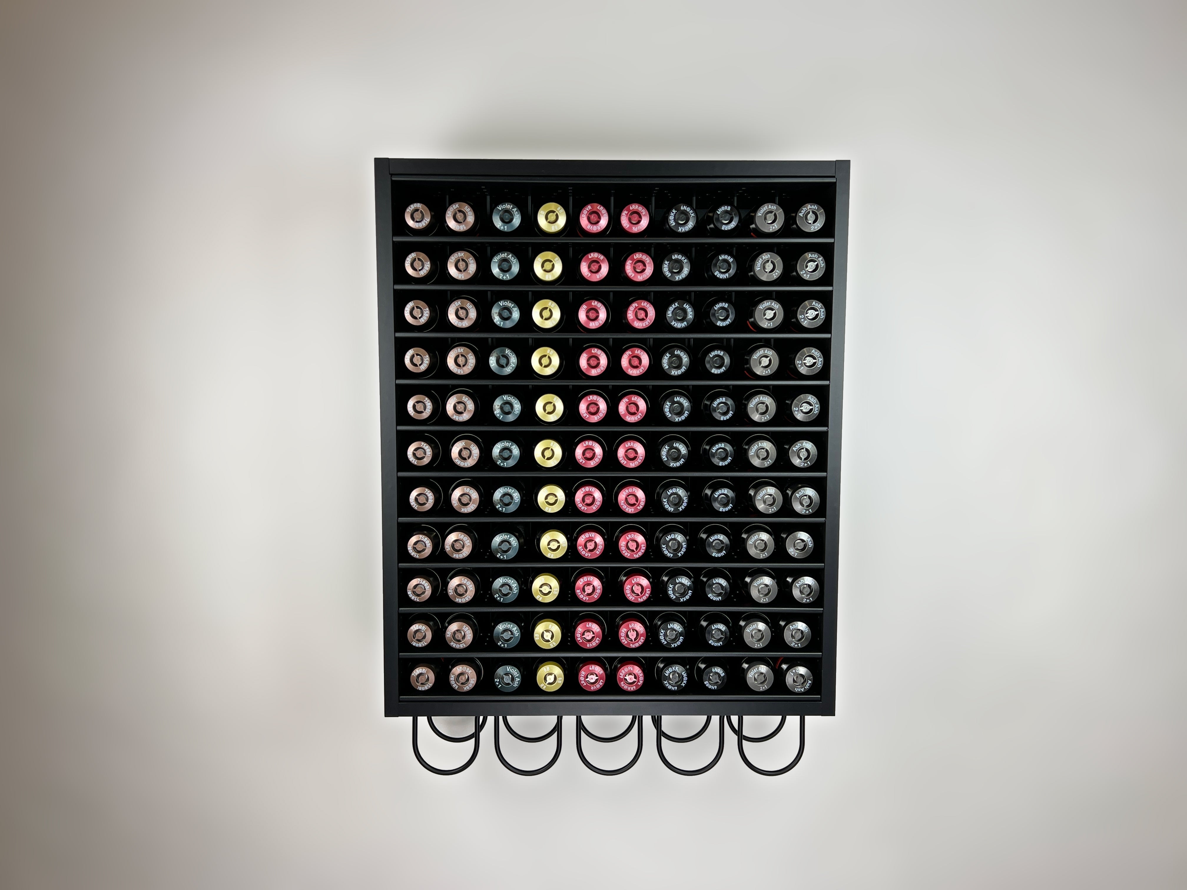 Super Matte Black Modular Hair Color Display Rack Storage Organizer with powder coated aluminum shelves and developer storage by Dyerector organizing Goldwell Topchic hair color